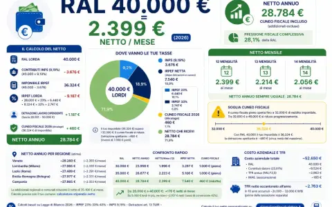 Quanto guadagna un ingegnere con RAL 40.000€: netto annuo 28.784€, netto mensile 2.399€ (12 mensilità).