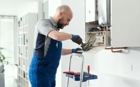 Técnico revisa el cableado interno de una caldera, mostrando cómo funciona.