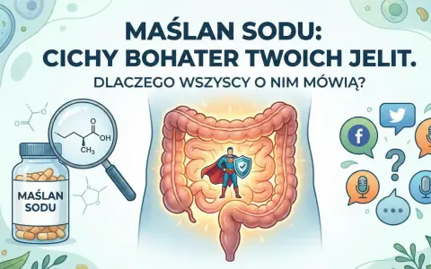 Maślan sodu: cichy bohater jelit. Na obrazku buteleczka suplementu, wzór chemiczny, jelita z superbohaterem i ikony mediów społecznościowych.