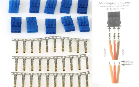 Blaue Stecker und Anschlussklemmen für Servokabel. Montageanleitung zeigt JR female Pin mit orangefarbenen und braunen Kabeln.
