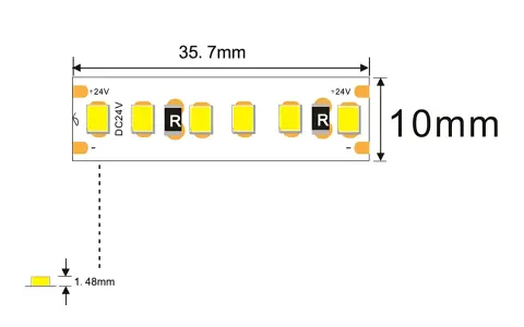 Schéma technique d'une bande LED montrant sa longueur de 35,7 mm et sa largeur de 10 mm, avec une épaisseur de 1,48 mm.