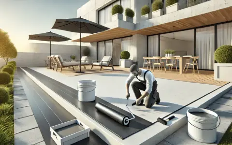 Hombre aplicando impermeabilizante para terrazas con rodillo en una moderna casa con mobiliario exterior.