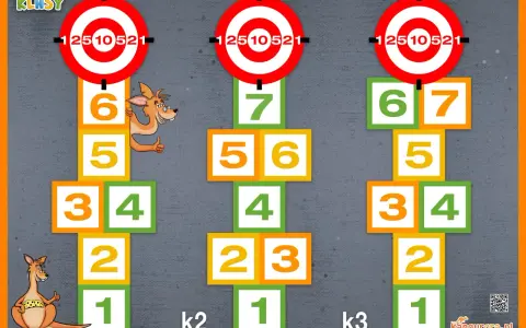 Gra kwadraty z kangurkami i tarczami strzelniczymi. Kolorowe pola z liczbami tworzą ścieżki.