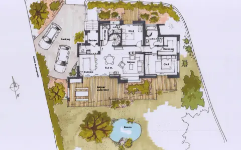 Plan maison ancienne : vue aérienne d'une maison avec parking, entrée, cuisine, séjour, chambres, salle de bain, dressing, séjour extérieur, et un bassin.