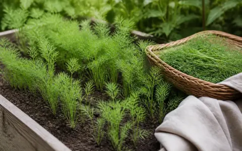 Frischer Dill wächst im Beet. Ein Korb voller geerntetem Dill liegt daneben. Der ideale dill standort für Kräuter.