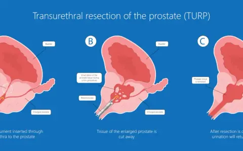 Ilustracja pokazuje etapy elektroresekcji prostaty (TURP), gdzie nadmiar tkanki jest usuwany przez cewkę moczową, przywracając prawidłowy przepływ moczu.