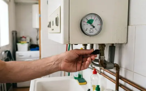 Un hombre ajusta una válvula en una caldera. El manómetro indica que la presión es de 1.5 bar, lo ideal para saber que presión tiene que tener la caldera.