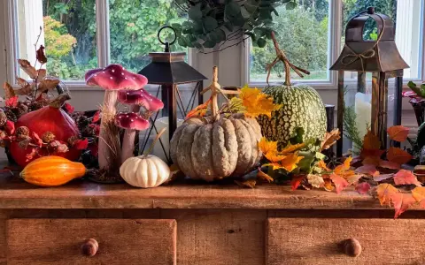 Décoration automne facile à faire : citrouilles, lanternes, fausses champignons et feuilles d'automne sur un buffet en bois devant une fenêtre.