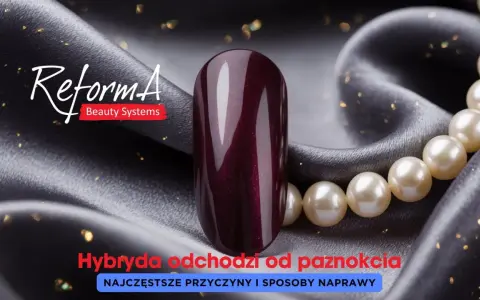 Ciemny, błyszczący lakier hybrydowy na tle jedwabiu i pereł. Temat: zapowietrzenie paznokcia i jego naprawa.