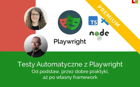 Dwie okrągłe podobizny mężczyzn, logo Playwright, ikony TS, Node.js i baner "PREMIUM".