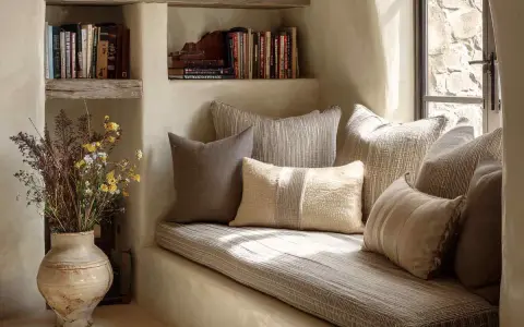 Un rincón de lectura acogedor con libros en estantes rústicos, cojines mullidos y un jarrón con flores silvestres.