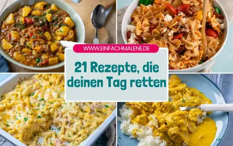 Vier leckere Gerichte: Gulasch mit Kartoffeln, Nudelsalat, Auflauf und Curry mit Reis. Was koche ich heute? Hier gibt's Inspiration!