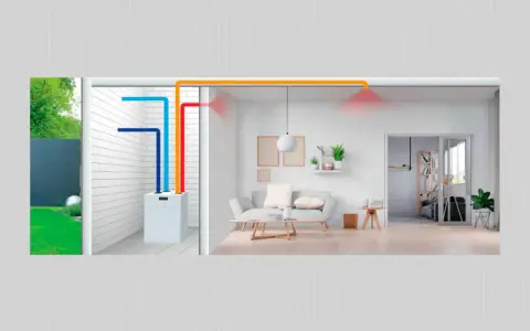 Sistema de ventilación mecánica con conductos de colores que llevan aire a un salón moderno.