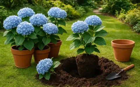 Plantation d'hortensias bleus en pot. L'entretien de ces magnifiques fleurs commence par un bon rempotage.