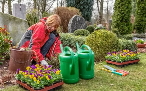 Kobieta sadzi bratki na cmentarzu, otoczona zielonymi krzewami i narzędziami ogrodniczymi.