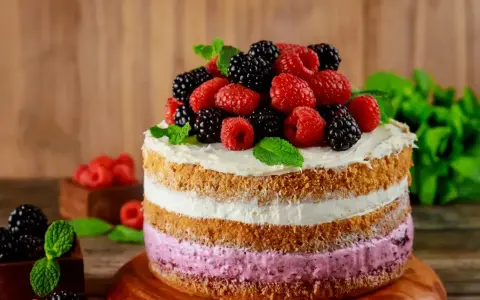 Pyszny tort z warstwami biszkoptu i kremu malinowego, ozdobiony świeżymi malinami, jeżynami i miętą.