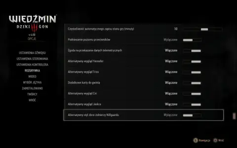 W menu Wiedźmina Dzikiego Gonu opcja "Alternatywny wygląd Jaskra" jest włączona.