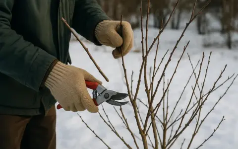 Gants beiges, sécateur rouge et une branche fine pour une bouture de myrtille.