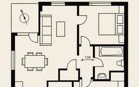 Planimetria di un appartamento: soggiorno con divano e tavolo, camera da letto, bagno e balcone. Utile per capire come fare una planimetria.