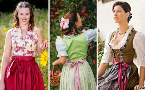 Drei Frauen in Tracht mit verschiedenen Dirndl-Looks. Eine mit einfacher Wiesn Frisur, eine beim Apfelpflücken und eine mit Schmuck.