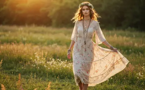 Kobieta w kwiecistej sukience i wianku na głowie, idealna inspiracja, jak się ubrać na wesele w stylu boho.