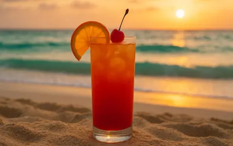 Koktajl "Sex on the Beach" na piasku, z widokiem na ocean i zachód słońca. Idealny na wakacje.