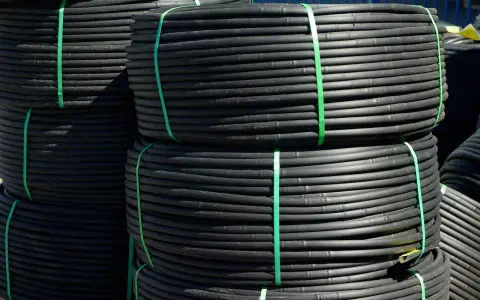Rouleaux de tube plastique flexible noir, attachés par des sangles vertes, prêts pour l'irrigation.