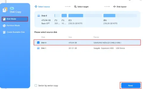 Interfejs programu do klonowania dysku. Wybrano tryb "Disk Mode", a użytkownik wybiera dysk źródłowy (Disk 0, Samsung).