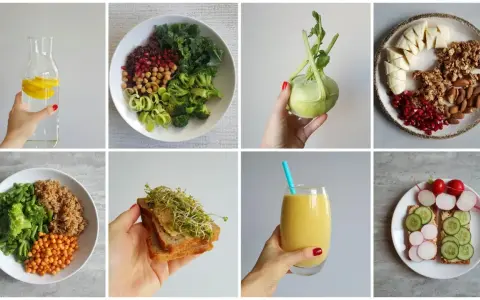 Zdrowe posiłki i napoje wspierające dietę na płaski brzuch: woda z cytryną, sałatka, smoothie, kanapki.