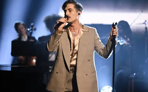 Un cantante con un completo gessato e camicia satinata, microfono in mano, incarna il **dandy significato** con stile sul palco.