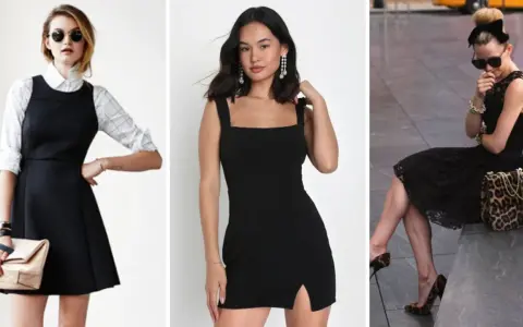 Tres looks con vestido negro: uno con camisa a cuadros y bolso beige, otro minimalista con pendientes largos, y el último con encaje, lazo y bolso animal print. Complementos y zapatos para vestido negro.