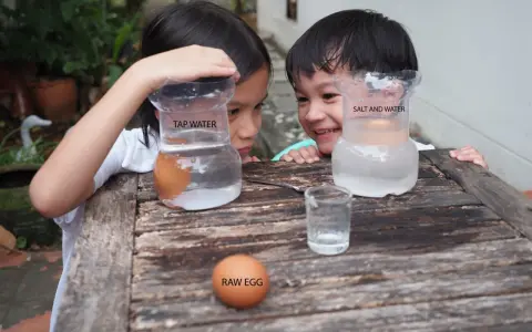Niños observan un huevo flotando en agua salada y otro hundido en agua normal, parte de sus experimentos con agua.
