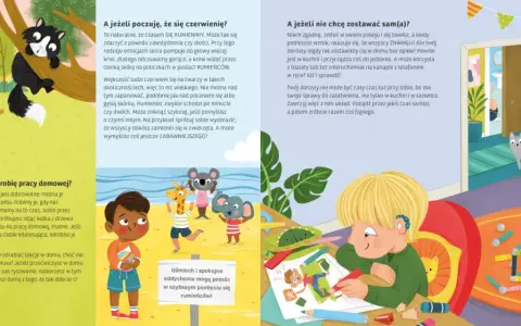 Ilustracja z książki dla 5 latka: dzieci bawią się z pluszakami, chłopiec rysuje, kot zagląda przez drzwi.