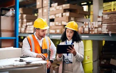 Due operai Bartolini in magazzino discutono dati su tablet, forse per calcolare lo stipendio camionista.