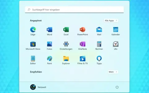 Startmenü von Windows 11 mit angepinnten Apps wie Edge, Word, Excel. Hier finden Sie auch die Option, die Windows 11 Taskleiste zu fixieren.