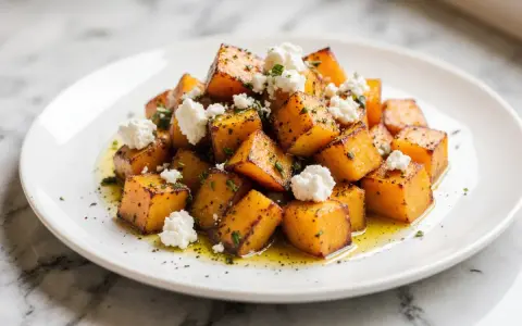 Chrupiące bataty z airfryer, posypane serem feta i ziołami, polane oliwą. Pyszna przekąska!
