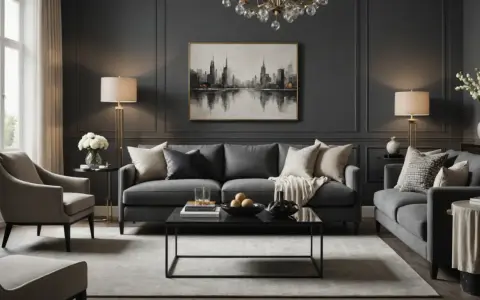 Salon moderne aux tons gris anthracite et beige, avec canapé, fauteuils, table basse et tableau de ville.