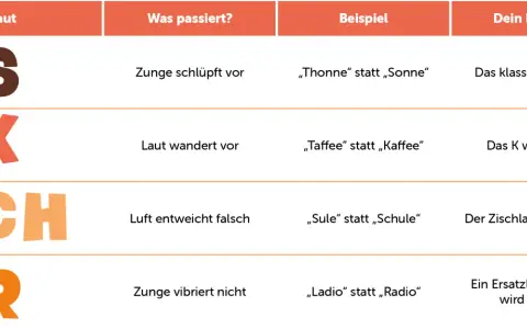 Tabelle zur Lautbildung bei Kindern: S, K, SCH, R werden erklärt.
Beispiele: "Thonne" statt "Sonne", "Taffee" statt "Kaffee".