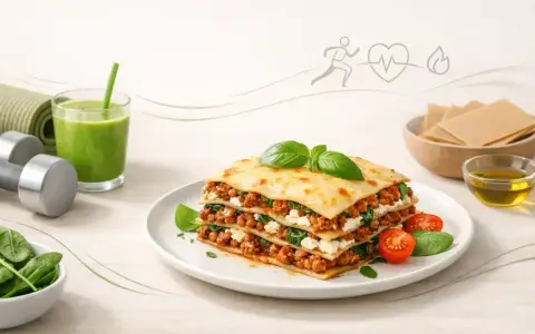 Jak zrobić lasagne? Pyszna, warstwowa lasagne z mięsem mielonym i szpinakiem, obok zielony koktajl, hantle i mata do ćwiczeń.