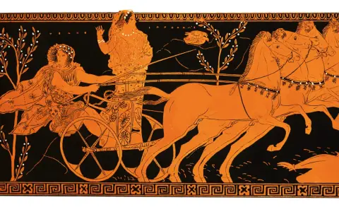 Antike olympische Spiele: Wagenrennen mit vier Pferden, eine Frau lenkt, eine andere winkt.