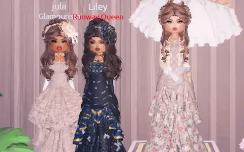 Three avatars in elaborate gowns, ready to impress with a dress to impress theme. One wears a ruffled white gown, another a dark blue and gold dress, and the third a floral gown under a parasol.