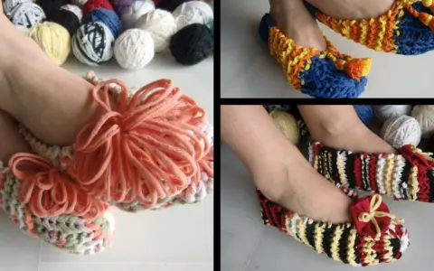 Patrón zapatillas trapillo: zapatillas tejidas a mano con trapillo de colores, con pompones y lazos.