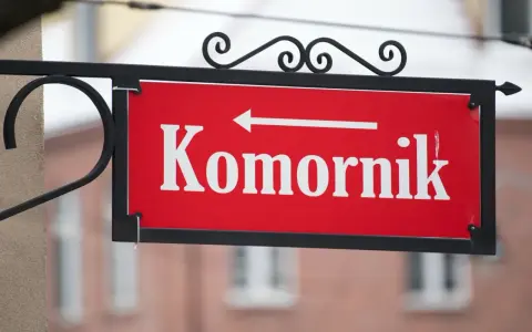 Czerwona tabliczka z napisem "Komornik" i strzałką w lewo. Pamiętaj, czego nie może zabrać komornik z mieszkania!