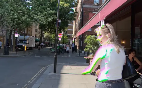 Mujer rubia con una camiseta blanca y pantalones cortos grises, su imagen muestra una **aberración cromática** con bordes verdes y rosados.