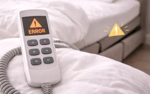 Télécommande d'un lit électrique affichant "ERROR". Un symbole d'alerte jaune est superposé. Cela peut affecter la durée de vie d'un lit électrique.