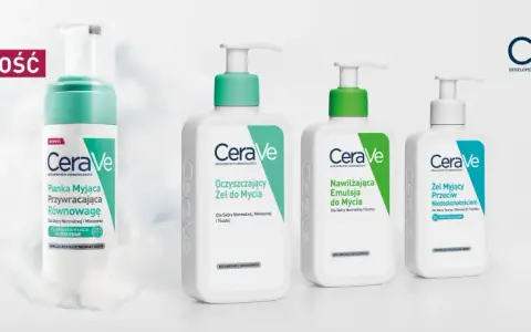 Kolekcja produktów CeraVe: pianka, oczyszczający żel do mycia, nawilżająca emulsja i żel przeciw niedoskonałościom.
