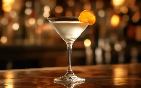 Elegancki martini, idealny james bond drink, z plasterkiem pomarańczy na krawędzi kieliszka, na tle rozmytego baru.