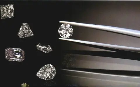 Diverse pietre preziose, tra cui diamanti, brillano su sfondo scuro. Una pinzetta tiene un diamante rotondo, mentre altri, di varie forme, sono disposti intorno.