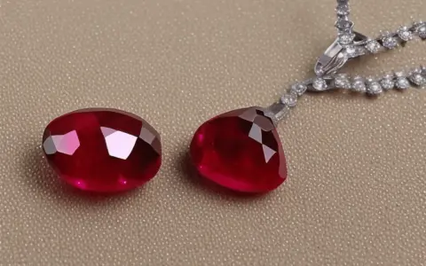Due magnifiche pietre rosse, tagliate a goccia e ovali, brillano accanto a una collana di diamanti scintillanti.