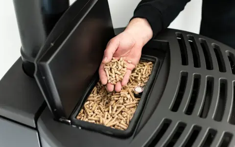 Dłoń wsypuje pellet do zasobnika kotła. Kocioł gazowy 20 kW do jakiej powierzchni? To pytanie, na które odpowiedź znajdziesz, analizując jego moc.